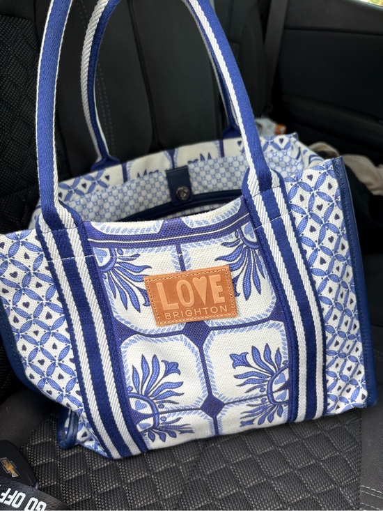 Brighton Handbags - Brighton Blue & White Patterned Tote with Tan Logo Patch